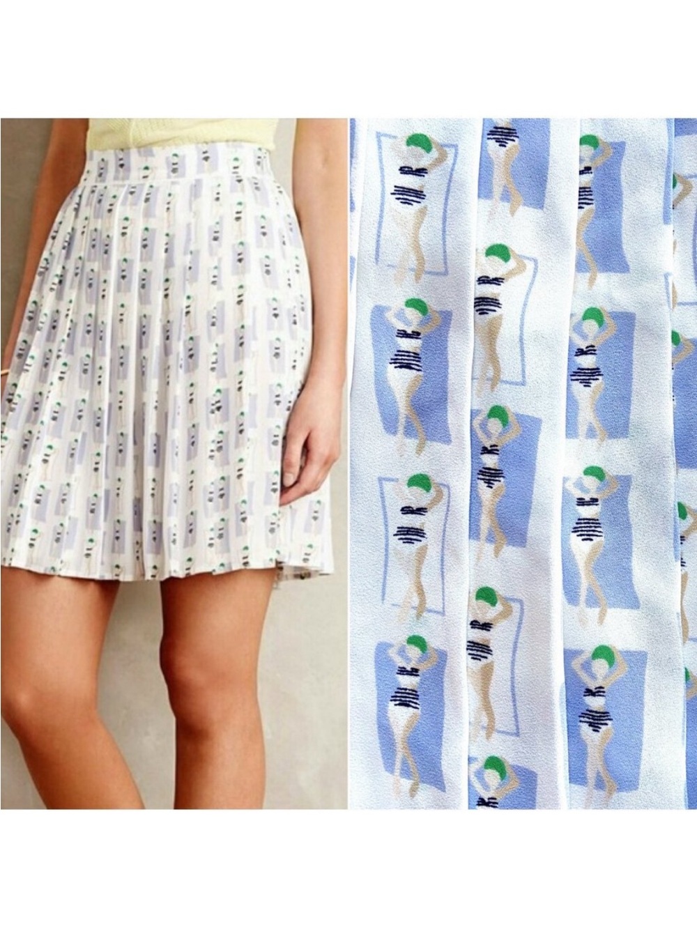 Anthropologie Harlyn Pleated Retro Swimmer Pool Girl Print Skirt Large Blue Whit